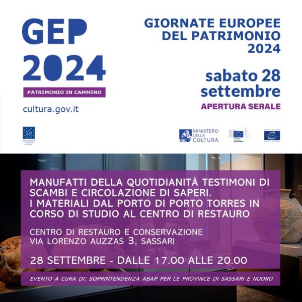GEP 2024 “Patrimonio in cammino”. Manufatti della quotidianità testimoni di scambi e circolazione di saperi. I materiali dal porto di Porto Torres in corso di studio al Centro di Restauro della Soprintendenza di Sassari e Nuoro